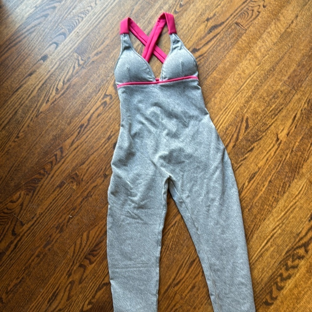Mel Basil heather gray wide pink strap deep X back catsuit/jumpsuit. Padded bra.